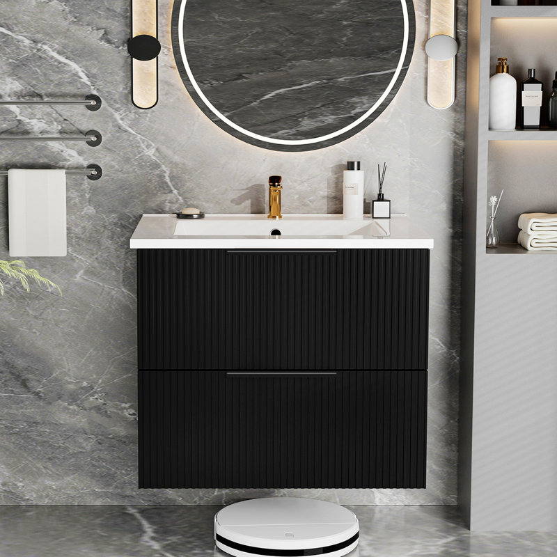 Meuble-lavabo de salle de bain avec lavabo en céramique, meuble-lavabo mural avec tiroirs, 20.02" H x 24.02" W x 18.02" D