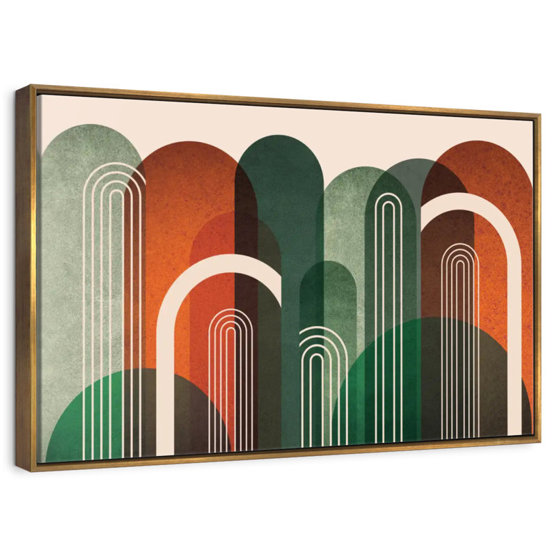 Arches du milieu du siècle, orange, vert, 25 po x 17 po, Cadre flottant doré