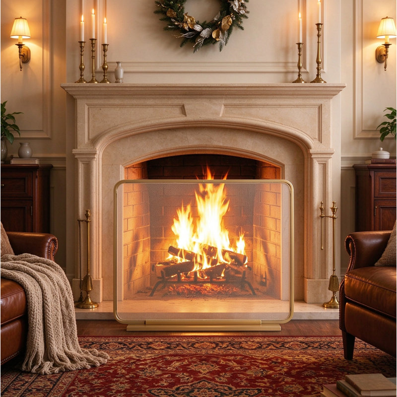 Contemporary Golden Metal Fireplace Screen, Decorative Fire Barrier for Rooms