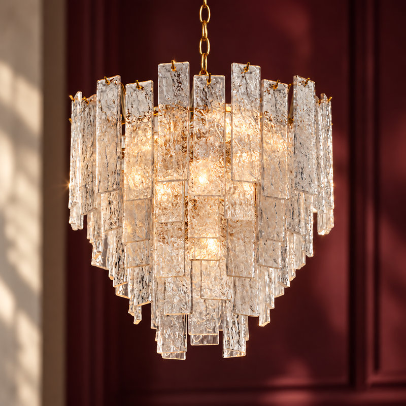 Lustre Kethe à 8 lumières, intensité variable, couleur or glamour, avec verre texturé à la main