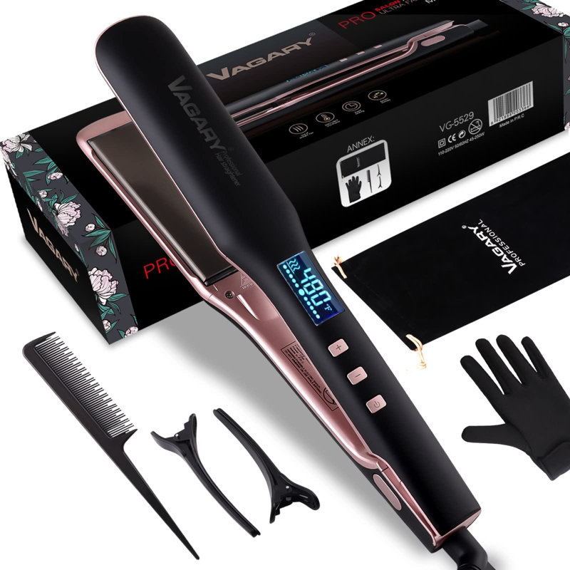 2 in 1 Hair Straightener and Curler - 8S Fast Heat Up Negative Ionic, Constant Temp Dual Voltage with LCD Display, Black/Pink