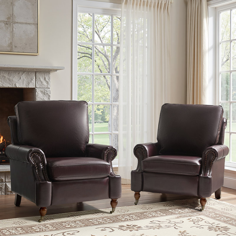 Ensemble de 2 fauteuils en cuir véritable ciré à l'huile Stanton avec garniture cloutée et pieds avant de roulettes, Espresso