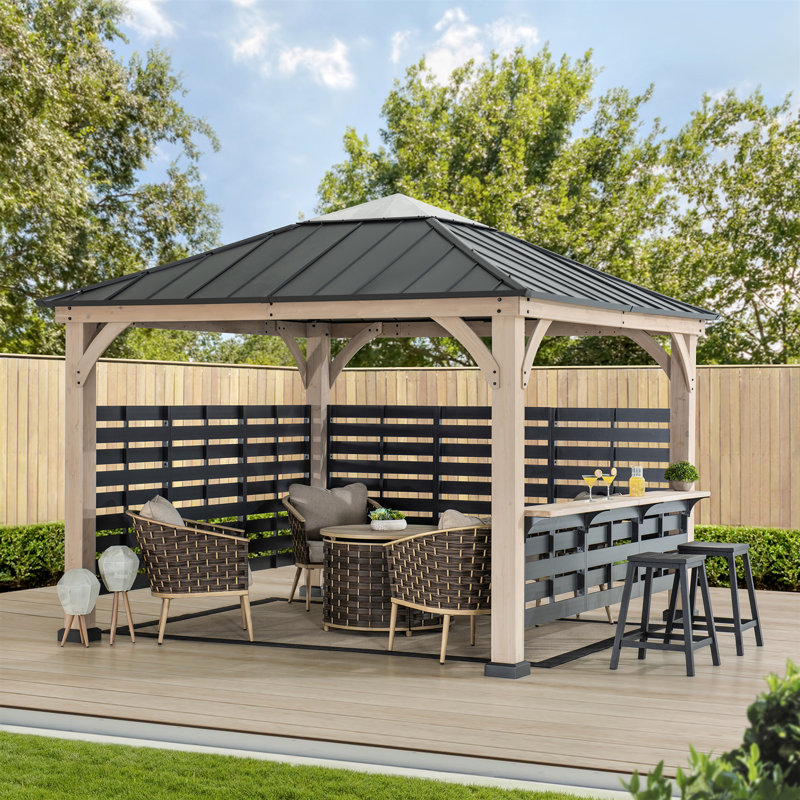 Sunjoy Wood Gazebo 11 x 11 ft. Hardtop Gazebo Cedar Wood Framed Hot Tub Gazebo with Steel and Polycarbonate Hardtop and bar Shelf