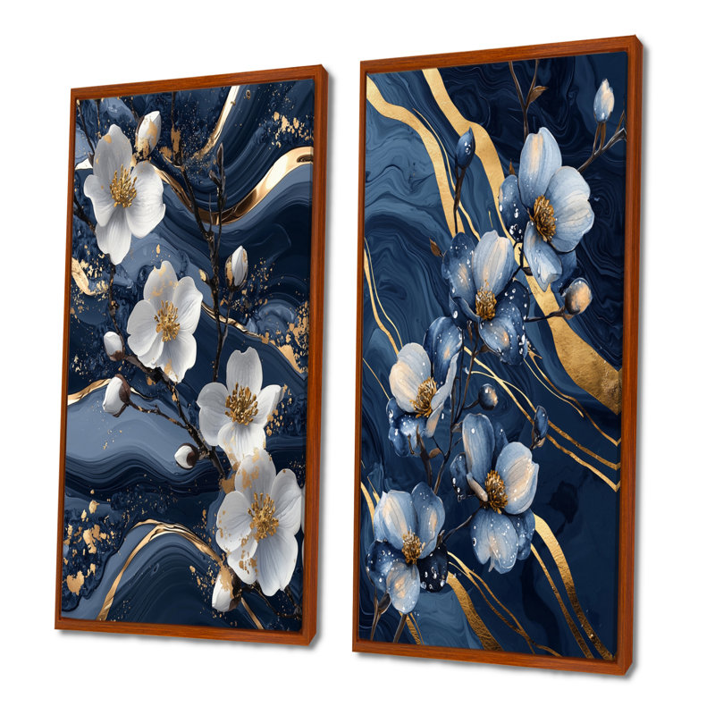 Cornouiller doré doré, fantaisie I - Collection d'art mural floral 2 pièces, H 28 po x l 25 po, Cadre flottant brun