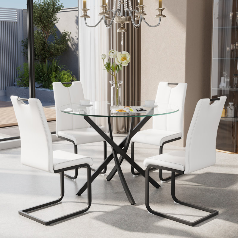 36in Round Glass Top Pedestal Dining Set, 5, White