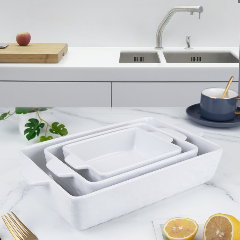 White Ceramic Non-stick Baking Dish Set with Handles, 12"/9"/7"