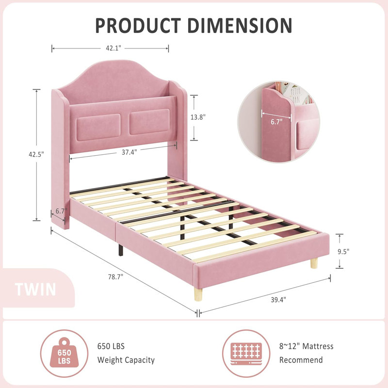 Cadre de lit simple avec lumières, lit plateforme élégant en velours, Rose