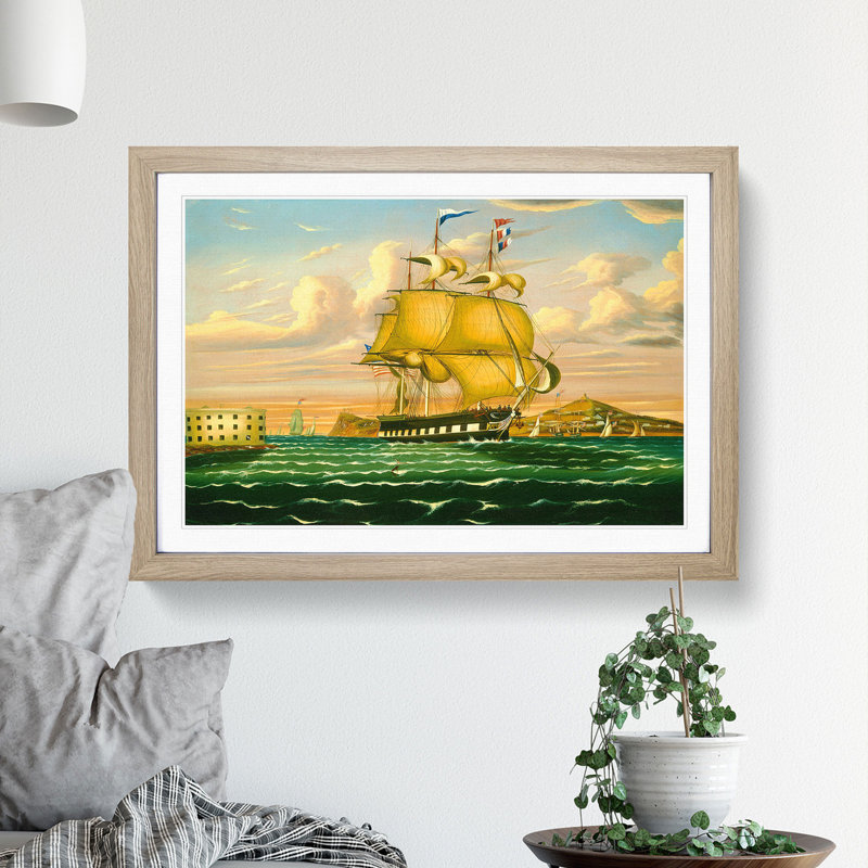 Ship Passing Castle Williams by Thomas Chambers - Picture Frame Painting, 48cm H x 65cm W x 2cm D, Oak Framed