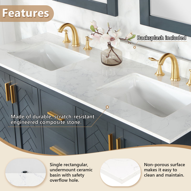 Ceres 61" Grain White Engineered Stone Vanity Top with Double Sinks