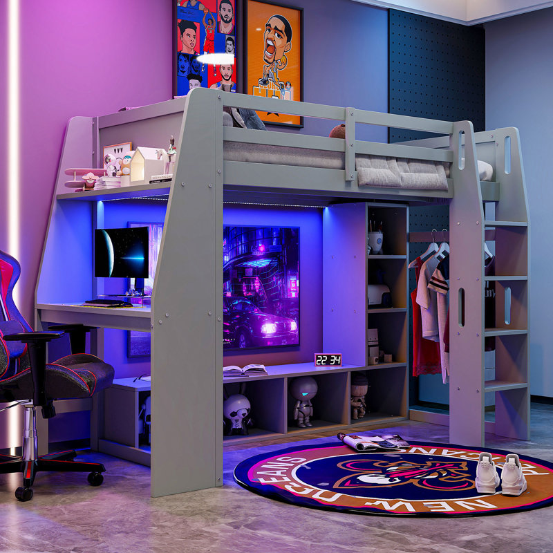 Lit mezzanine en bois pour lit de jeu simple avec bureau intégré, plusieurs tablettes de rangement, éclairage à DEL et un portemanteau suspendu pratique pour une utilisation optimale de l'espace