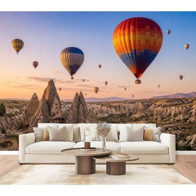 Papier peint à peler et coller, montgolfières flottantes, paysage désertique rocheux, lever de soleil, couleurs pastel, ciel, H 69 po x l 96 po, papier peint amovible en PVC, adhésif mural pour salon, chambre, bureau à domicile