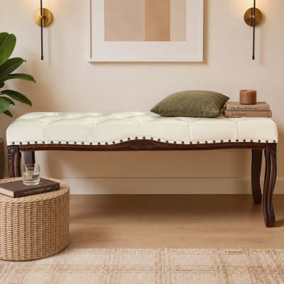 Mid-Century Tufted Bedroom Bench, 45.3"W Upholstered End of Bed Bench with Nailhead Trim and Carved Solid Wood Legs, Faux Leather Ottoman Bench for Bedroom, Entryway, Off White
