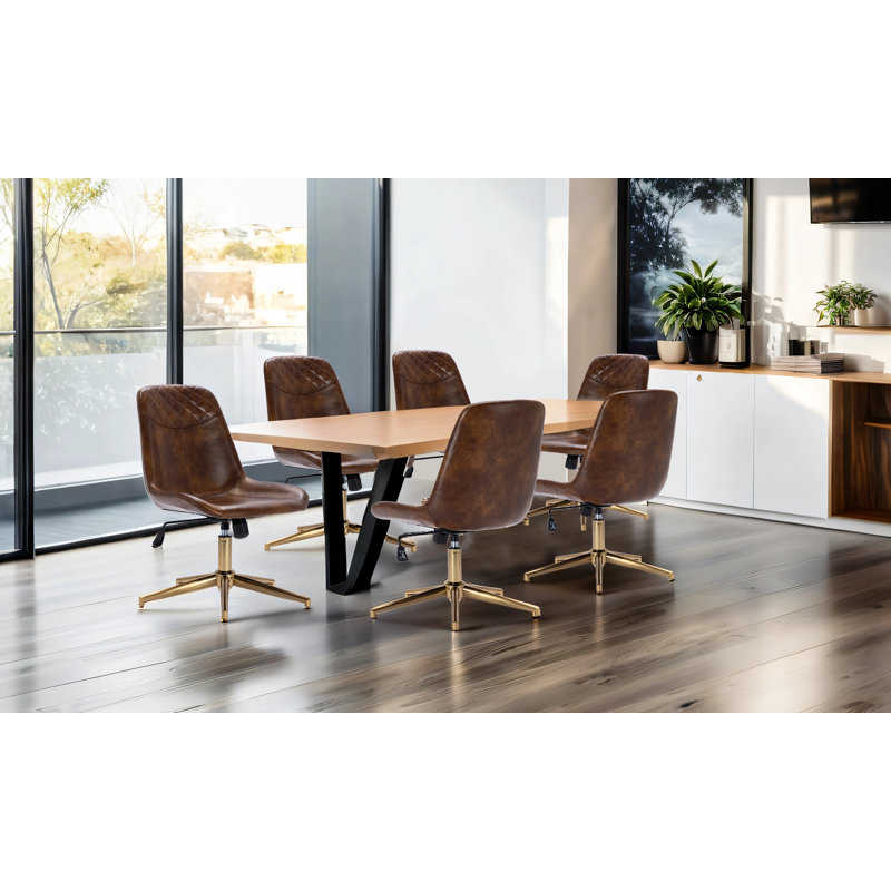 Chaise de bureau en cuir à hauteur ajustable 23 po avec dossier matelassé Mariello, Brun, Or