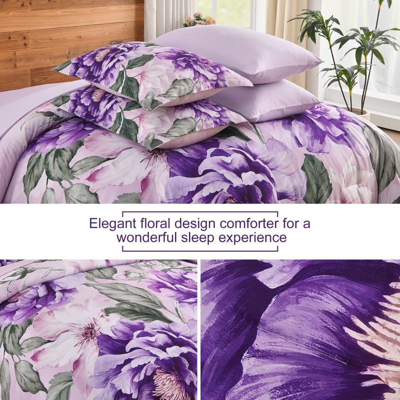 7-Piece Floral Comforter Set, Soft Lightweight Bed in a Bag with Sheet Set, Purple Floral