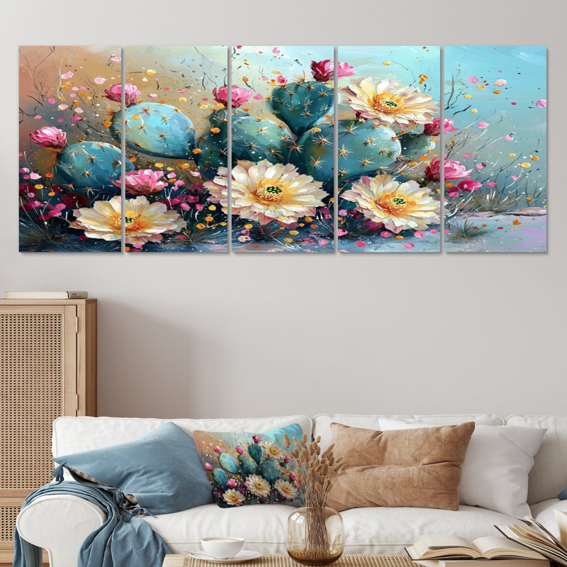 Cactus jaune, vert, beauté - art mural floral cactus - ensemble d'art mural traditionnel, H 32 po x l 80 po, 5
