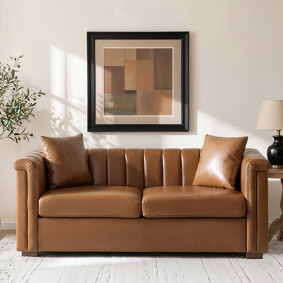Cephus Modern 71"W Faux Leather Channel Tufted Sofa with Solid Wood Legs