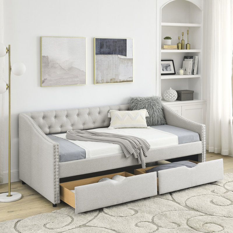 Modern Daybed With Drawers Upholstered Tufted Sofa Bed, With Button On Back And Copper Nail On Waved Shape Arms, Twin, Beige