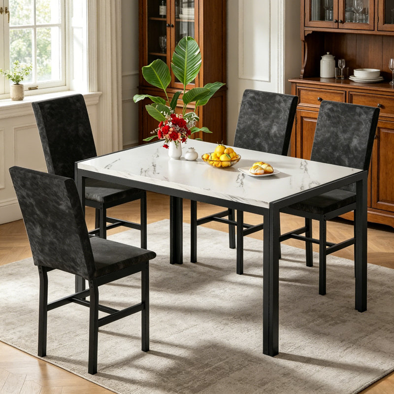Ensemble de table de salle à manger 5 pièces avec 4 chaises rembourrées, ensemble de salle à manger de cuisine rectangulaire avec structure en métal, petit mobilier de petit espace