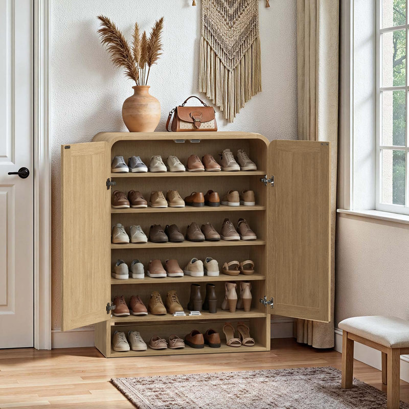 41" Tall Rattan Shoe Storage Cabinet, 24 Pairs Shoe Cabinet For Entryway,, Natural Oak