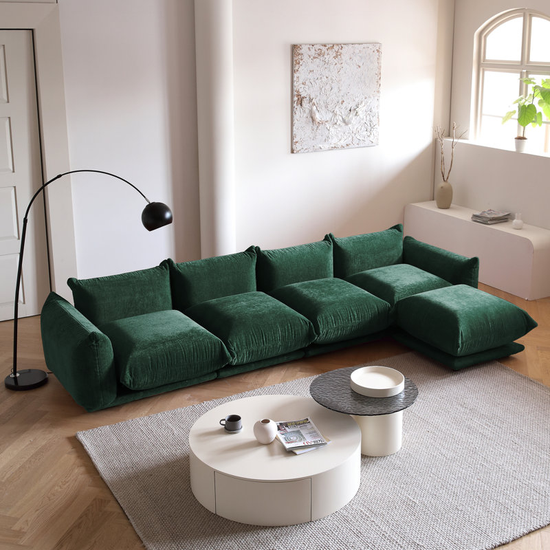Minarik 4-Seat Chenille Fabric Upholstered Sectional Sofa With Ottoman, Green Chenille