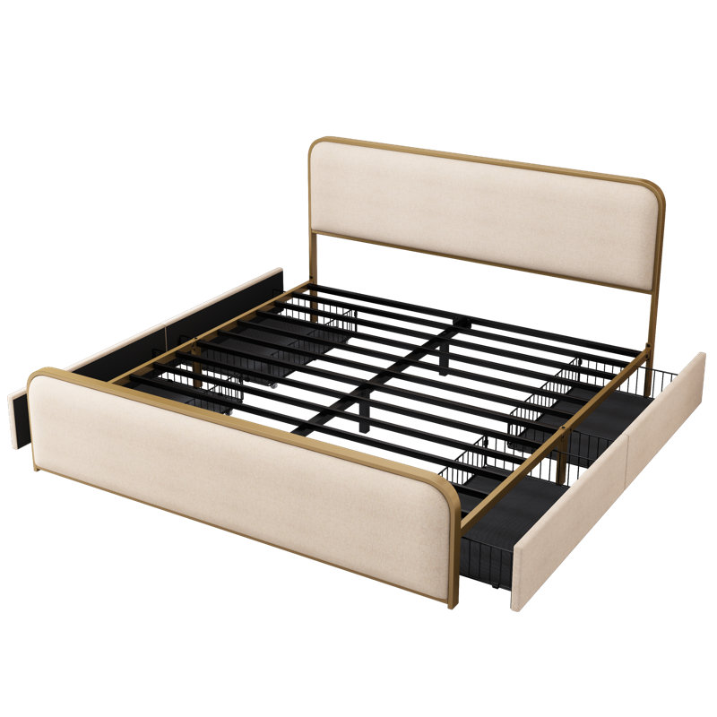 Très grand lit très grand avec structure en métal, tête de lit tapissier et rangement spacieux