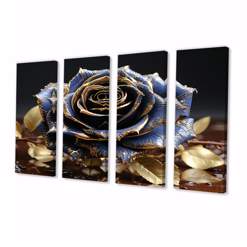 Art mural doré à feuilles dorées et roses Glamour IV - rose 4 pièces, H 28 po x l 48 po
