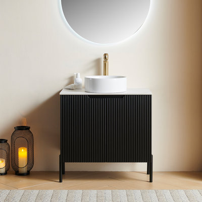 Meuble-lavabo de salle de bain 30 po avec lavabo, meuble de rangement autoportant avec lavabo rond en céramique et comptoir en pierre frittée à 2 portes, sans robinet