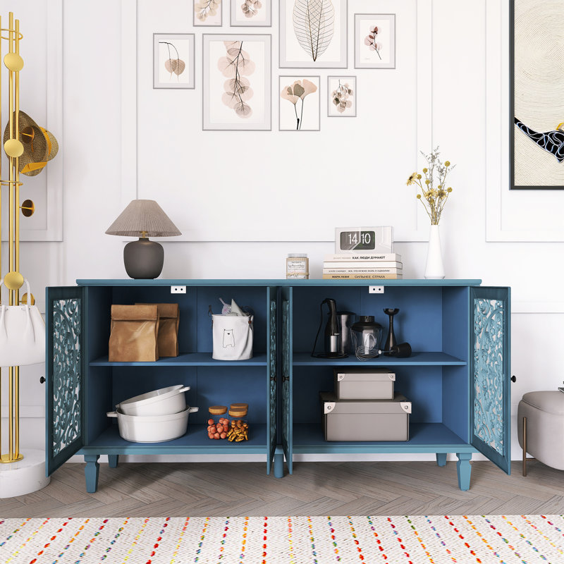 Buffet antique avec sculptures florales et pieds en bois massif, Bleu antique