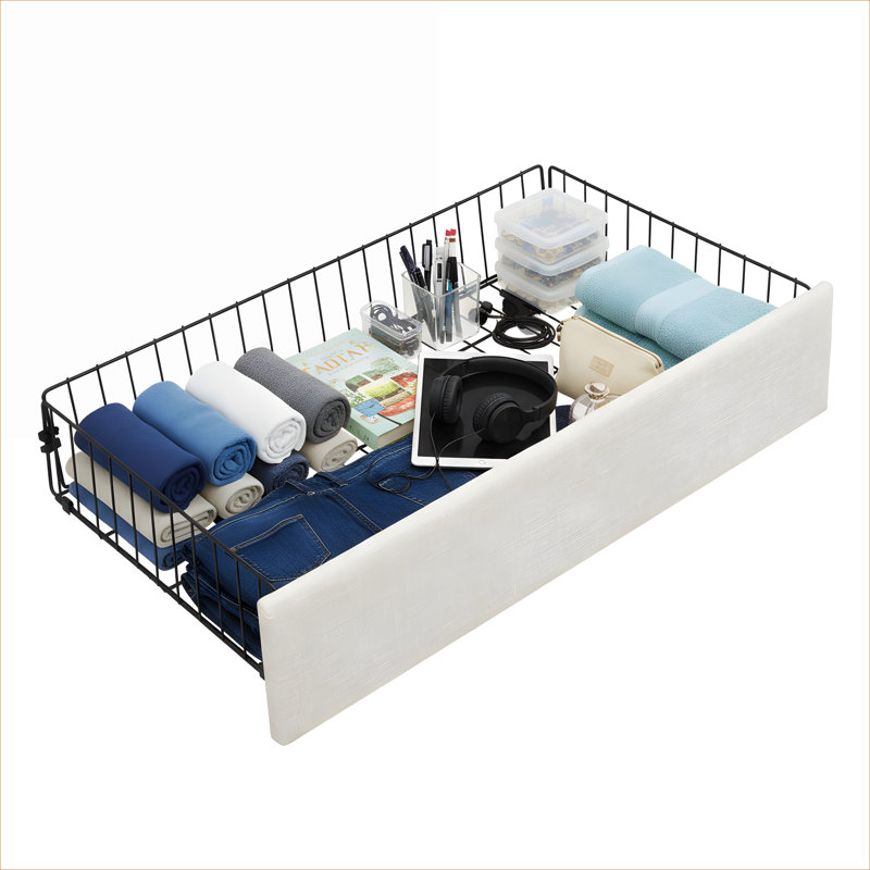 Lit plateforme neutre avec rangement en tissu de bois beige, grand lit rembourré pour le désordre dans la chambre à coucher, style simple et élégant
