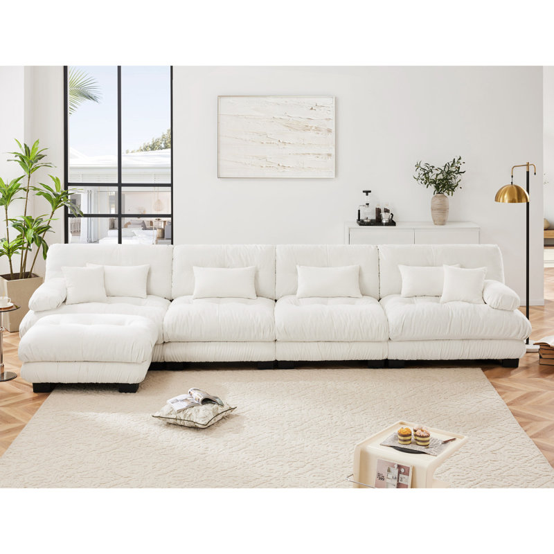 Combinaison libre, canapé modulaire modulaire, canapé en forme de L pour le salon, canapé confortable à 4 places avec repose-pieds convertible, blanc chenille