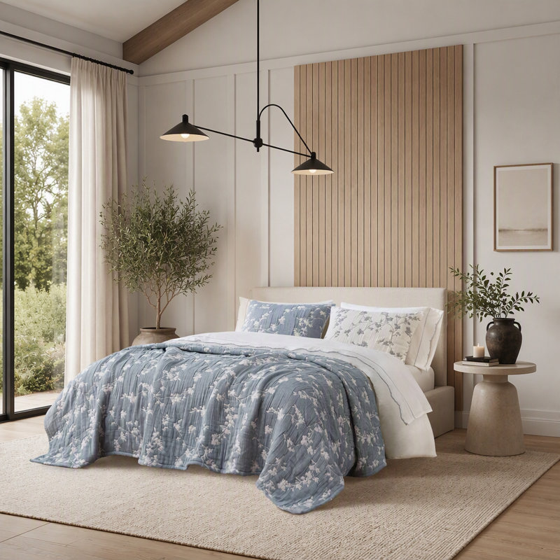 3 Pieces King Jacquard Cotton Gauze Quilt Set Breathable 480GSM Reversible All Season 108x92, Blue