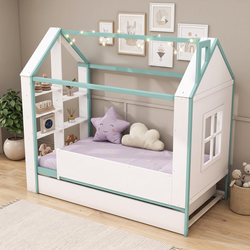 Structure de lit House avec lit gigogne coulissant, tablettes de rangement et lumière DEL, Twin, White Blue