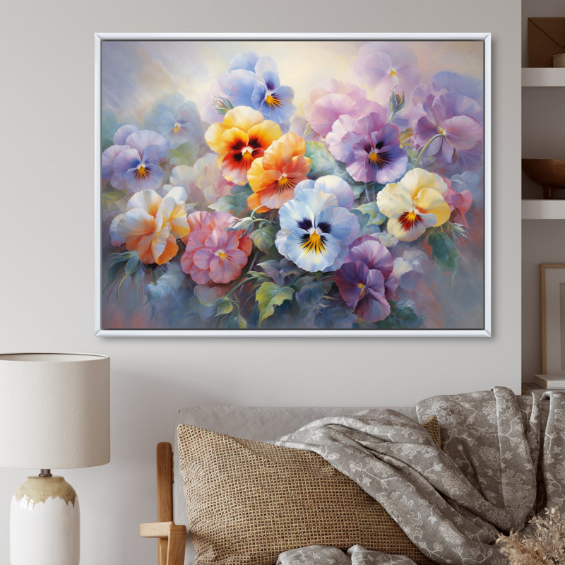 Colourful Pansies Romantic Impression II - Floral Wall Art Living Room, H 16 po x l 32 po x P 1 po, Cadre flottant blanc
