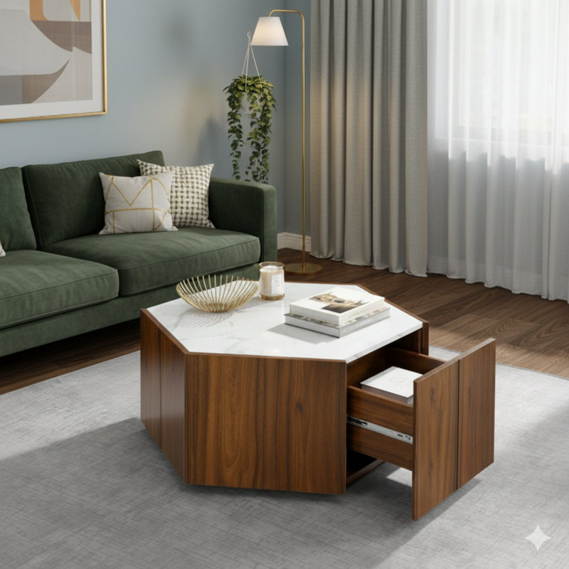 Table de centre hexagonale rétro en bois avec deux tiroirs cachés. Comprend des dessus texturés en marbre blanc et est disponible en finition chêne noyer. Parfait pour les salons ou les espaces de réception.