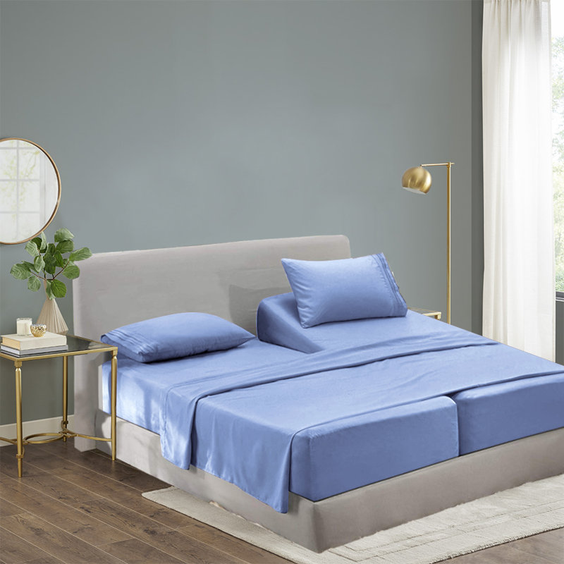  Ensemble de draps 1800 fils en rayonne de bambou, Bleu, Très grand californien