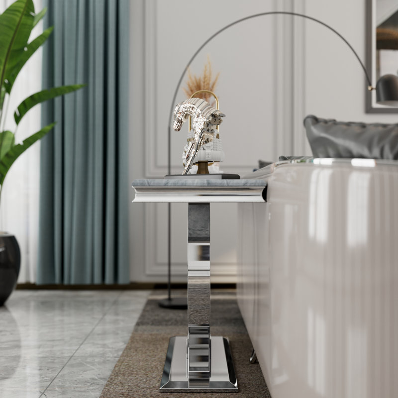 Luxury Console Table With Metal U Base And Gloss Texture Top, Grey/Silver