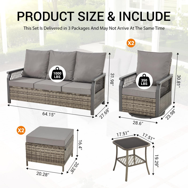 6 Piece Outdoor Patio Furniture Set, Gray, Gray