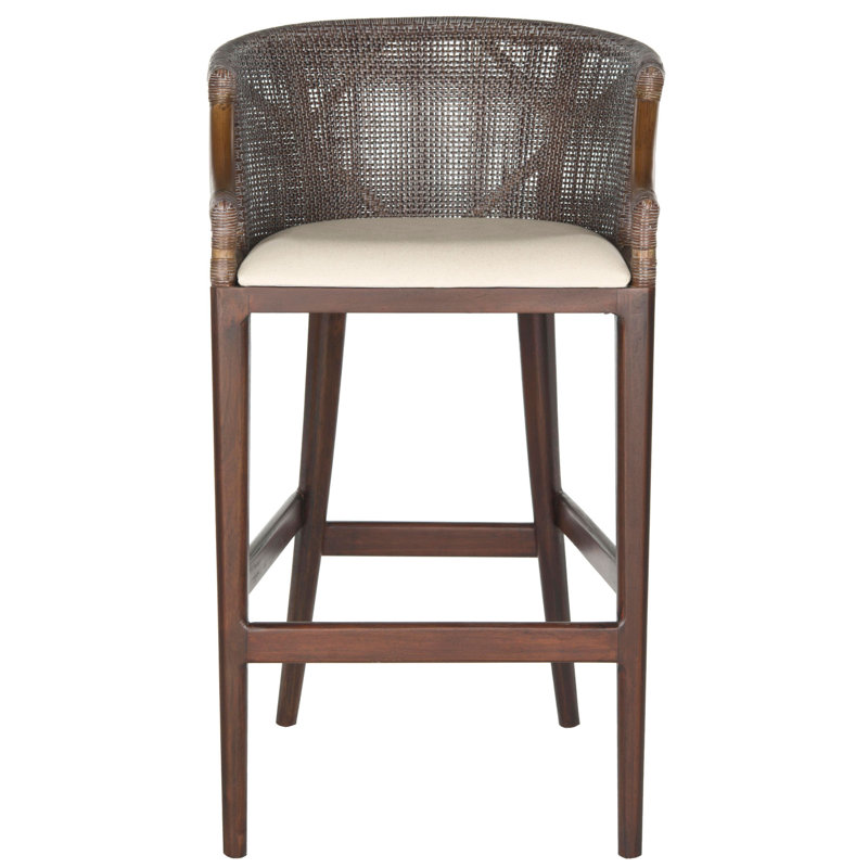 Morency Transitional Bar Stool - Mahogany Frame with Textured Rattan Backrest & Foam Cushion, White, Dark Brown