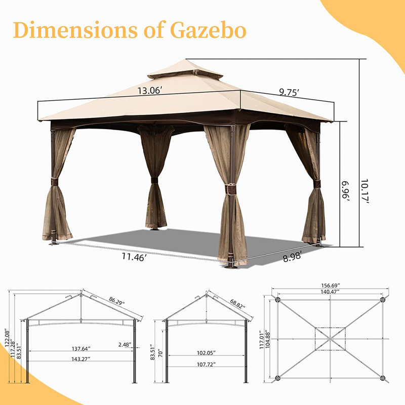 Pavillon de jardin 10 pi x 13 pi avec double toit en métal, imperméable, filet, cadre de toit kaki, filet kaki