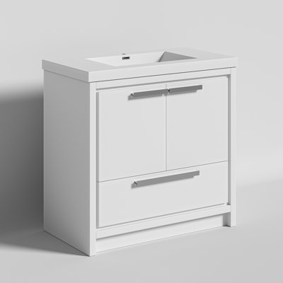 Meuble-lavabo simple 36 po avec plateau en marbre de culture, armoire de salle de bain moderne pré-assemblée, finition blanche, avec lavabo inclus