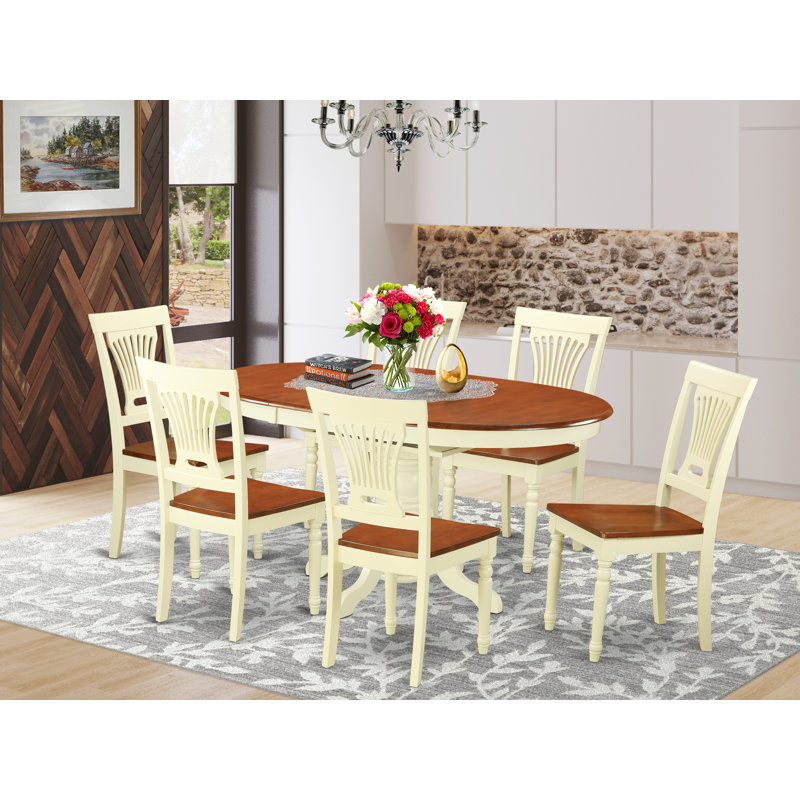 7 Piece Dining Room Table Set Consist of an Oval Kitchen Table with Butterfly Leaf and 6 Dining Chairs, Buttermilk & Cherry