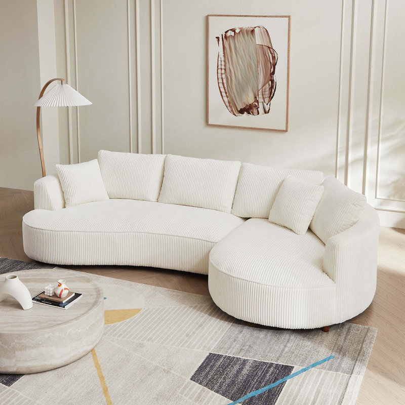 Comfortable Oversized Sectional Sofa with Plush Pillows and Durable Corduroy, White Corduroy, Right Hand Facing
