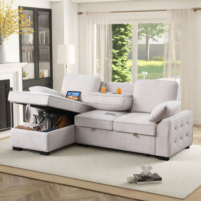Canapé-lit modulaire rembourré de 91 pouces avec méridienne avec rangement, canapé-lit avec port USB, 2 porte-gobelets sur les coussins de dossier, beige