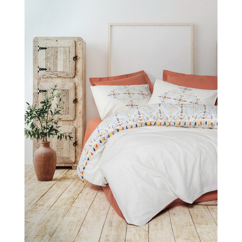 Tile Red Ranforce Double Quilt Cover Set, 100% Cotton, Duvet Cover 79 x 87, Flat Sheet 94 x 102, 2 Pillowcases 20 x 28 | Reactive Printing, Machine Washable, Button Closure | Soft, Durable & Stylish Bedding
