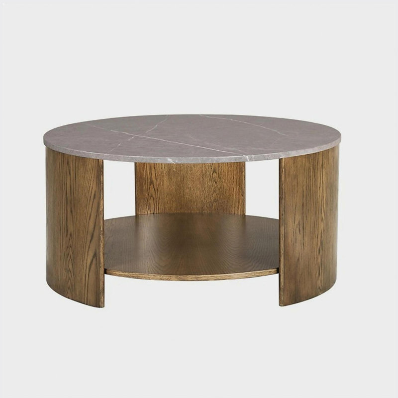 Table basse circulaire avec tablette, Chêne, Oak, Marbre