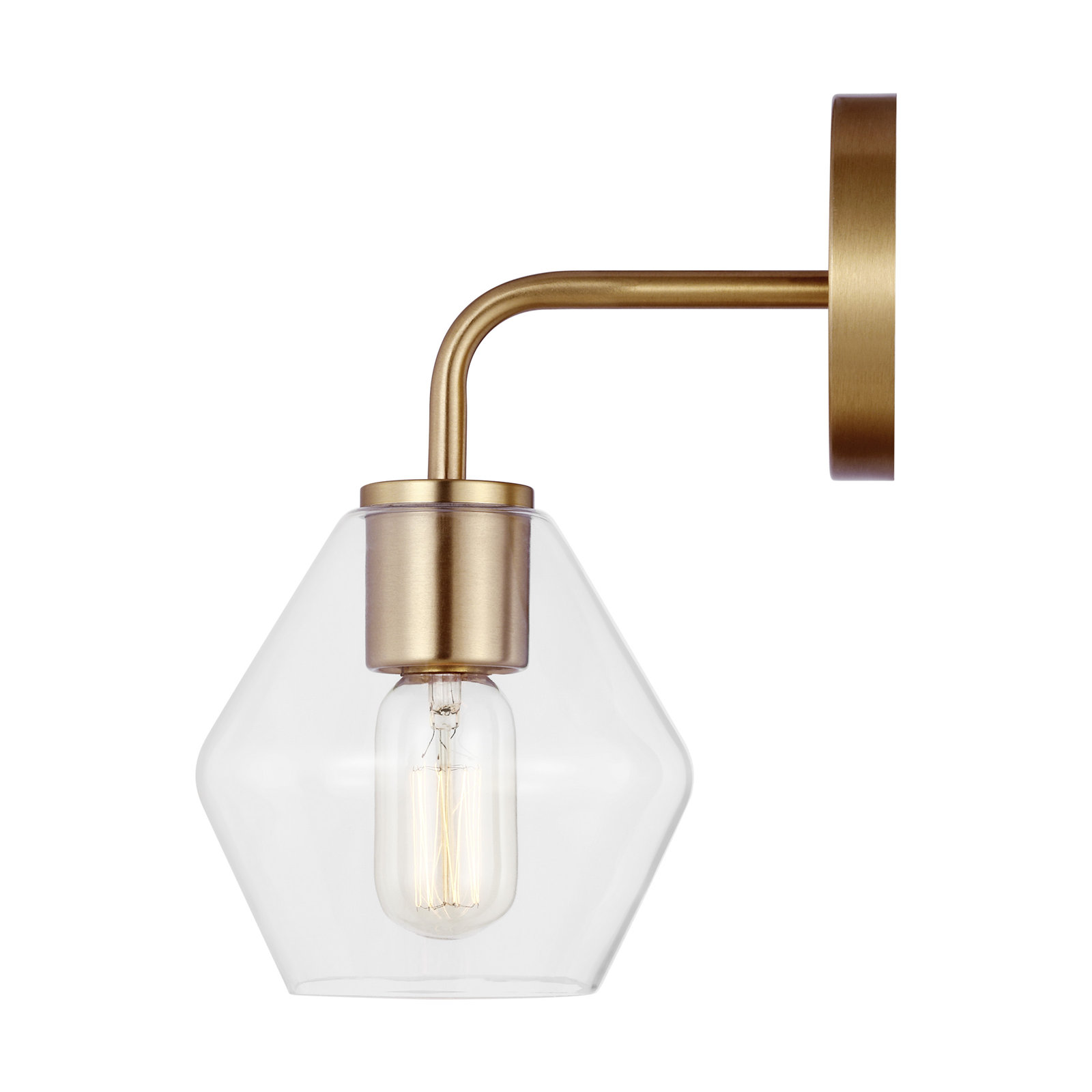 Rooks Single Light Glass Dimmable Armed Sconce, Satin Brass, Clear