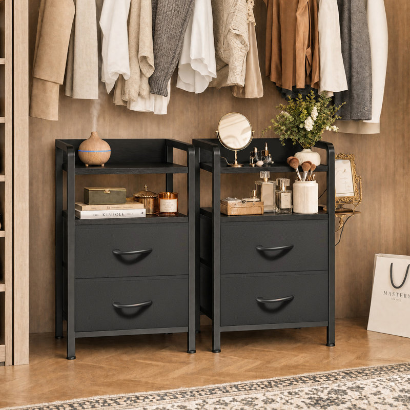 Table de bout de patio moderne en fer avec 2 tiroirs en tissu et 3 tablettes pour petit appartement, Black