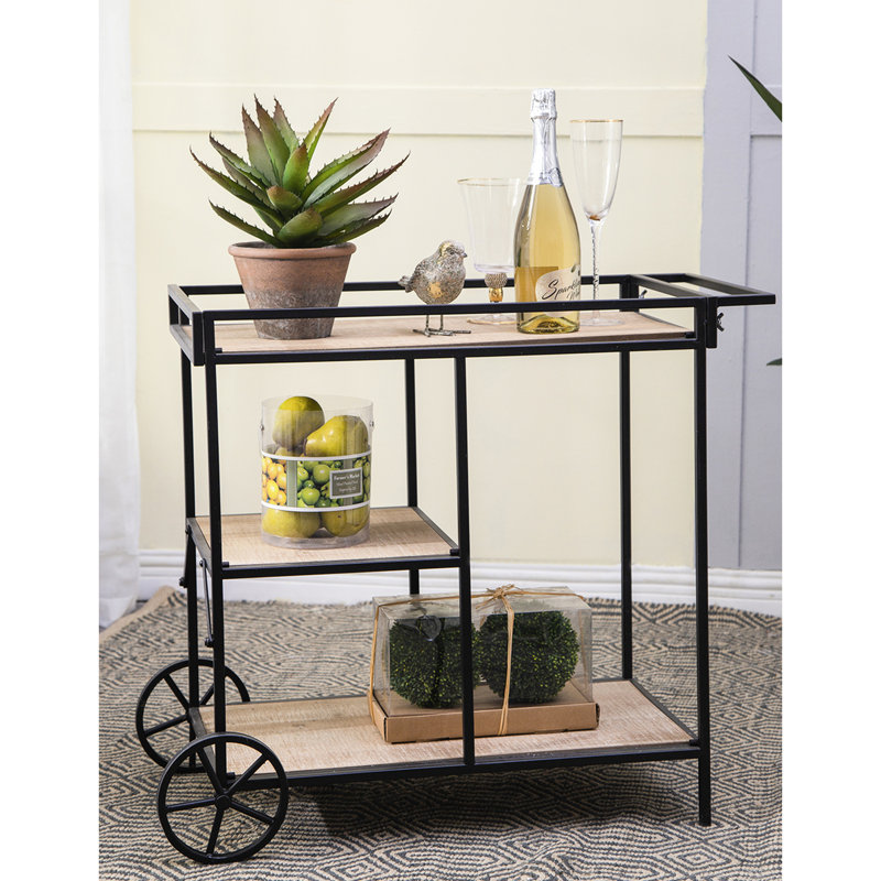 3 Chariot-bar 32,3 x 15,7 x 26,8 po avec support en métal noir et trois meubles de rangement attrayants