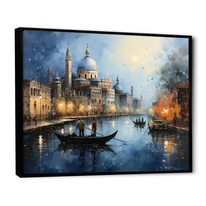 Gris sarcelle canal urbain Venise - imprimé, Cadre flottant noir, H 24 po x l 32 po x P 1 po