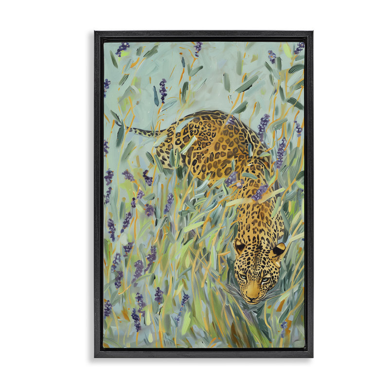 Léopard dans un cadre flottant Liriope, design par Amanda Tsoukanelis, H 25 po x l 17 po, Cadre flottant noir de jais